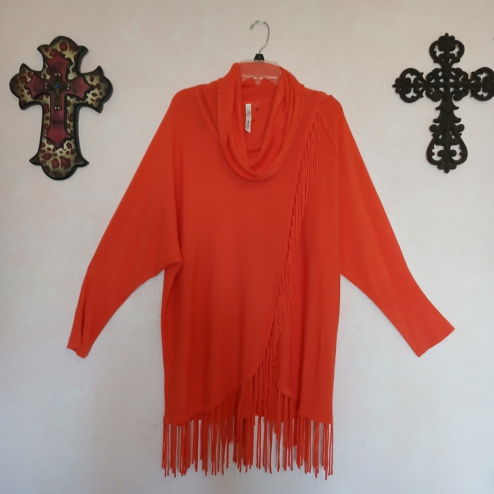 NY Collection Orange Cowl Neck Fringe Sweater